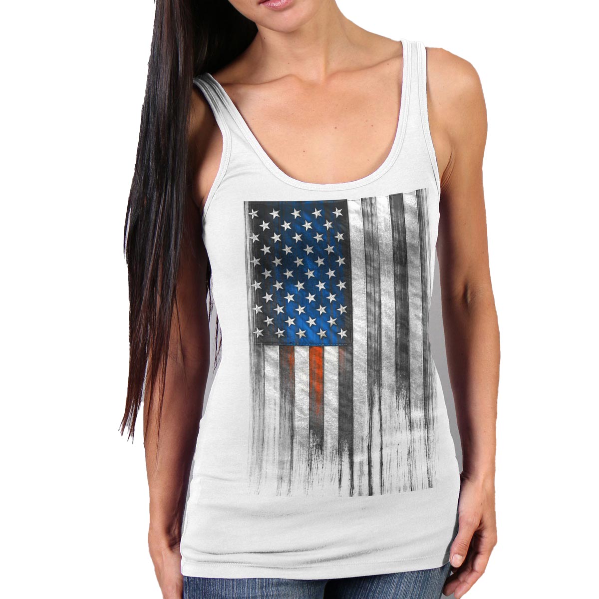 1-glc2482.jpg Hot Leathers GLC2482 Heartbeat Flag Ladies White Tank Top Shirt - Image 1