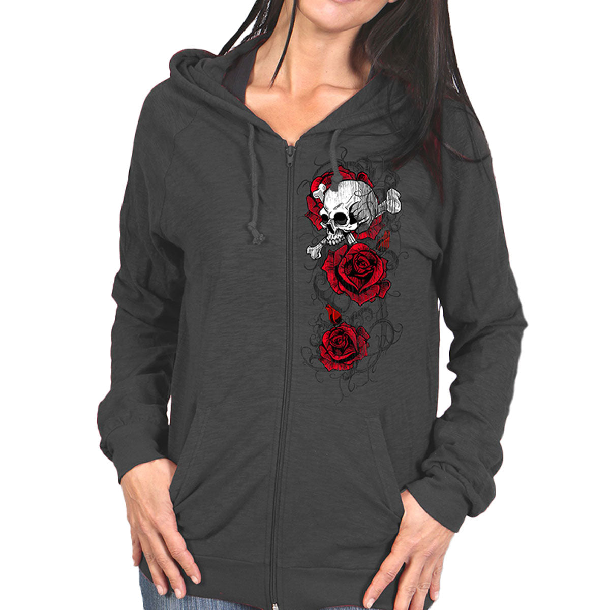 1-glz4525-drkgray-web.jpg Hot Leathers GLZ4525 Ladies Skull Roses Dark Gray Hooded Sweatshirt - Image 1