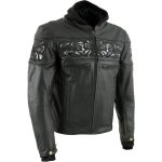 Milwaukee Leather Men’s Futile CE Armored Leather Motorcycle Jacket w/ Hoodie Liner, Reflective Skull – LKM17016