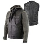 Milwaukee Leather LKM3785 Men’s 2 in 1 Classic Black Premium Leather Motorcycle Hoodie Jacket w/ Convertible Vest
