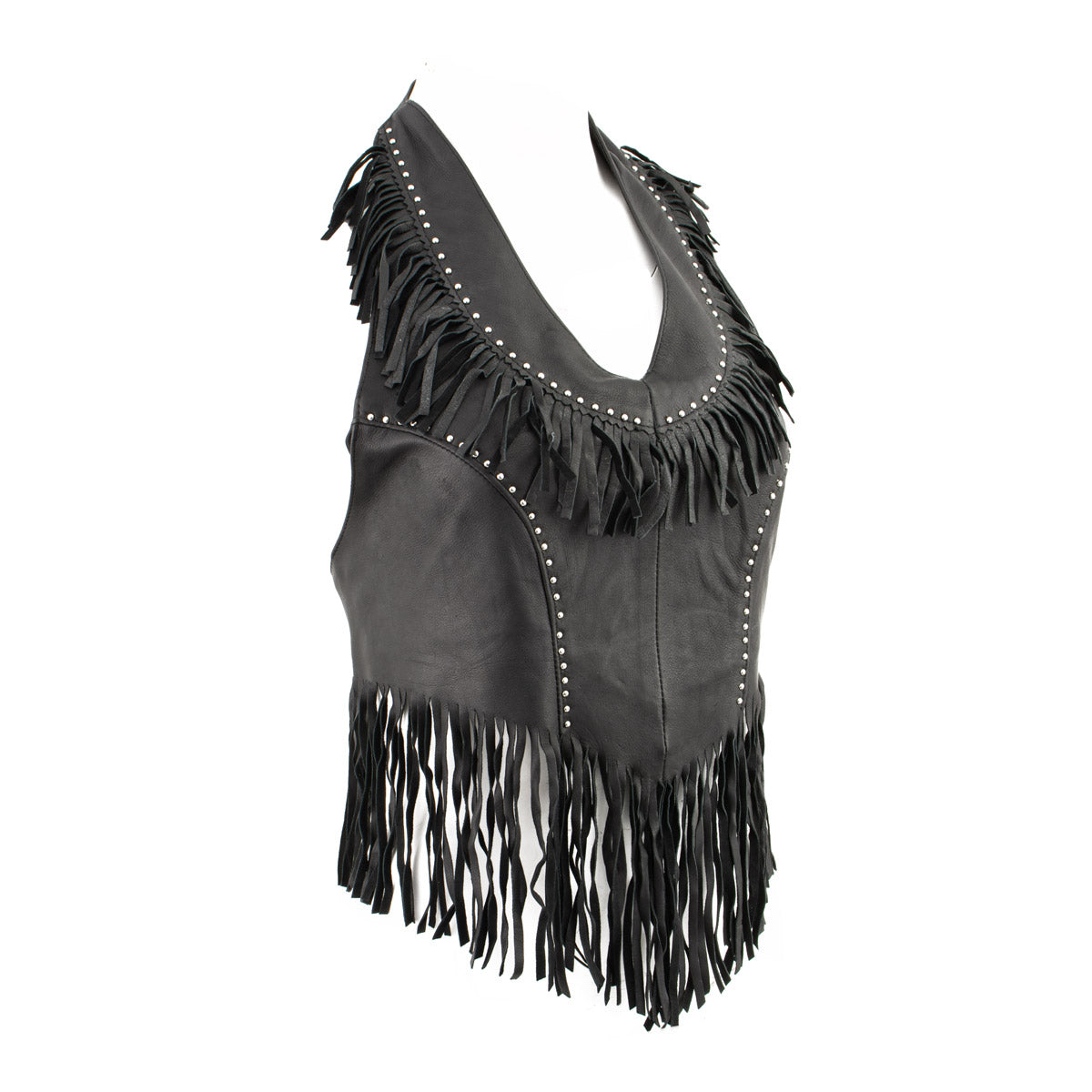 1-ml1897-black-web.jpg Genuine Leather ML1897 Ladies ‘Fringed’ Black Leather Halter Top - Image 1