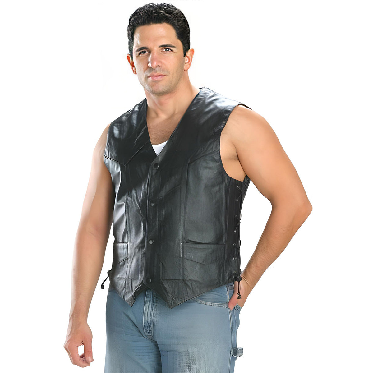 201l-main-web.jpg USA Leather 201L Men’s Black Classic Leather Side Lace Vest - Image 1