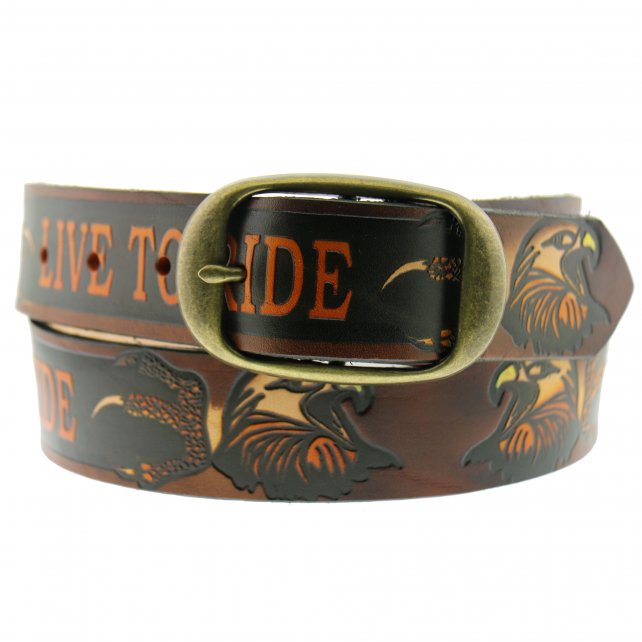 ble1005-a01.jpg Hot Leathers BLE1005 Live To Ride Embossed Brown Leather Belt - Image 1