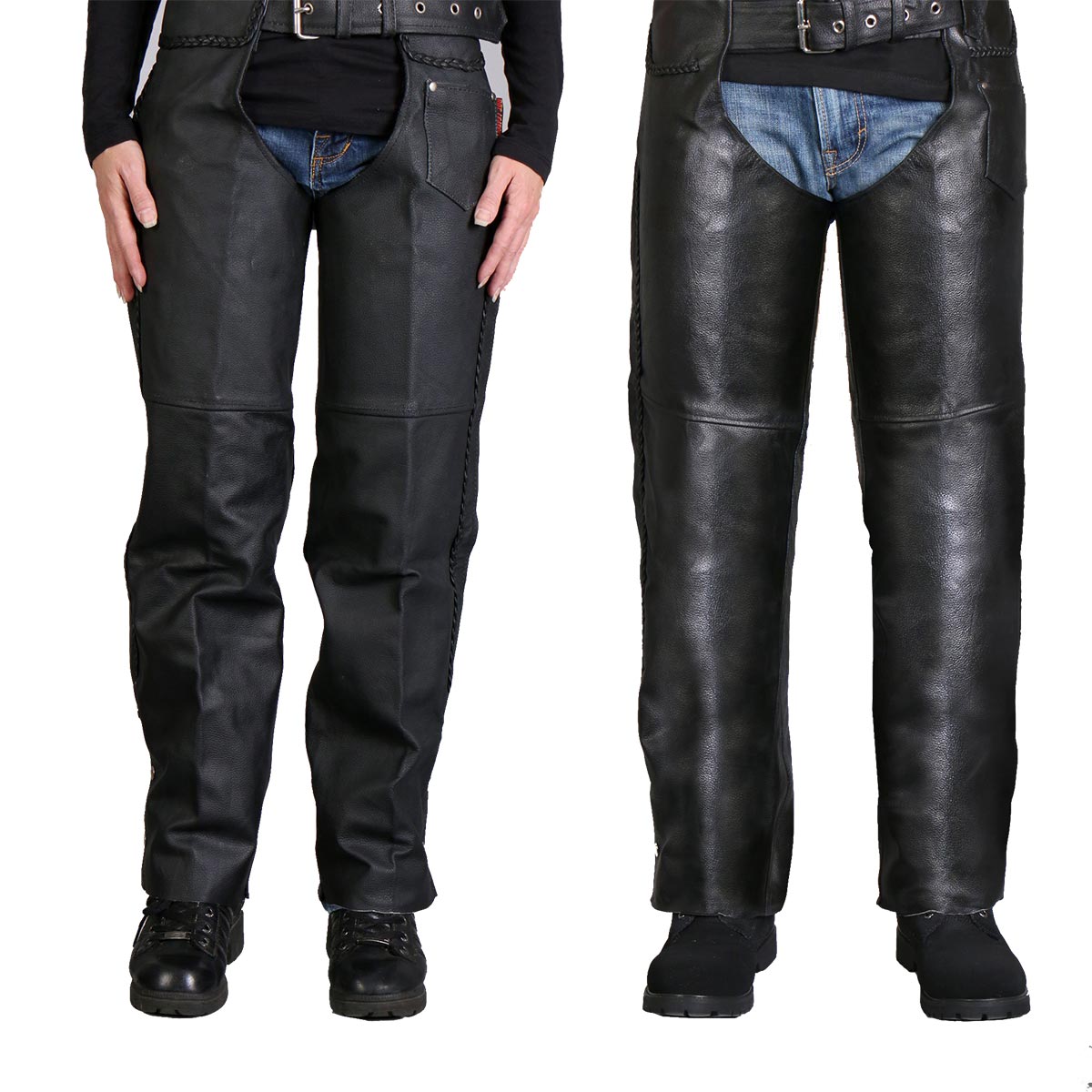 chm1003-ta-fl.jpg Hot Leathers CHM1003 Black Heavyweight Braided Uni-Sex Leather Chaps - Image 1