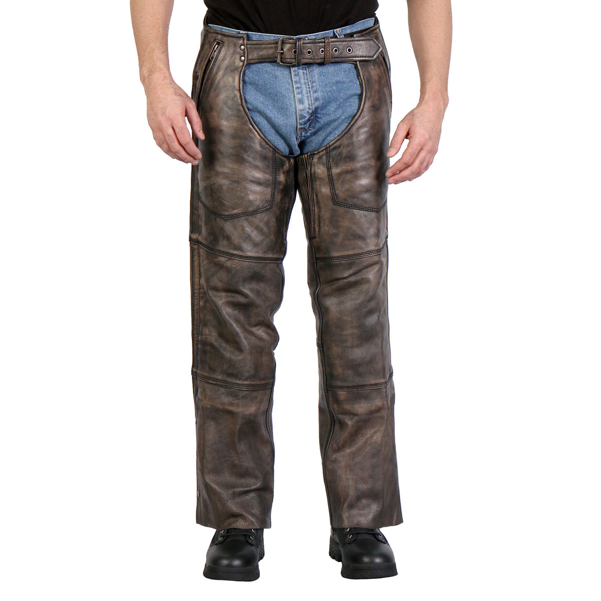 chm1008-m01-sdale-edit-a.jpg Hot Leathers CHM1008 Unisex Distressed Brown Premium Motorcycle Leather Chaps - Image 1