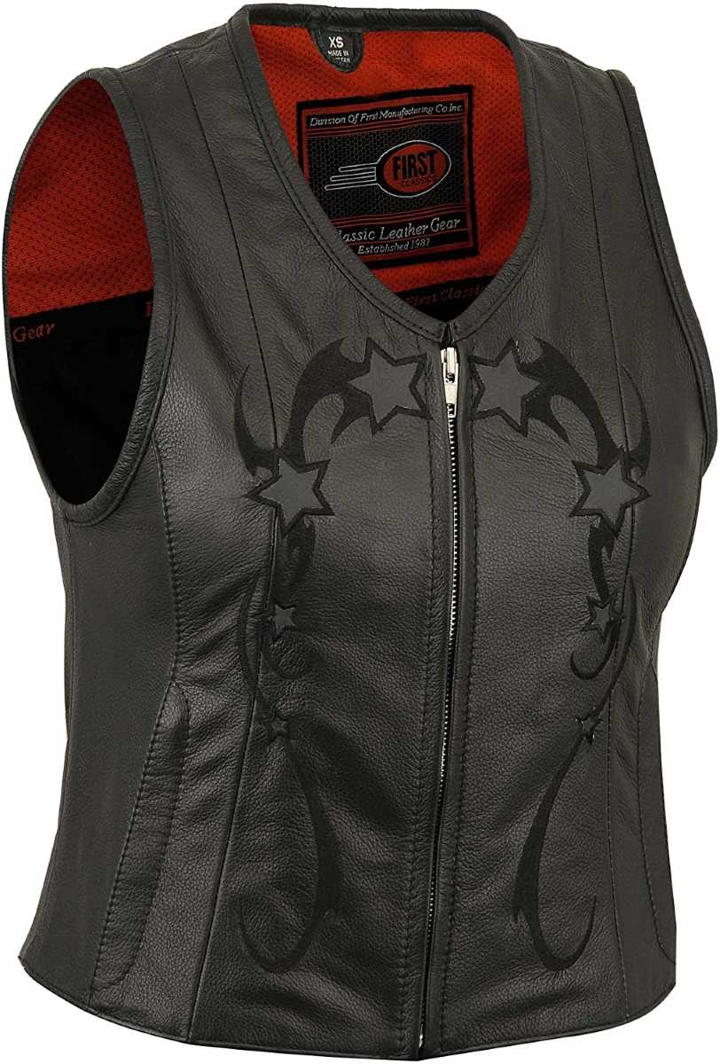 fil580csl.jpg First Manufacturing FIL580CSL Women’s Black ‘Stardom’ Motorcycle Leather Vest - Image 1