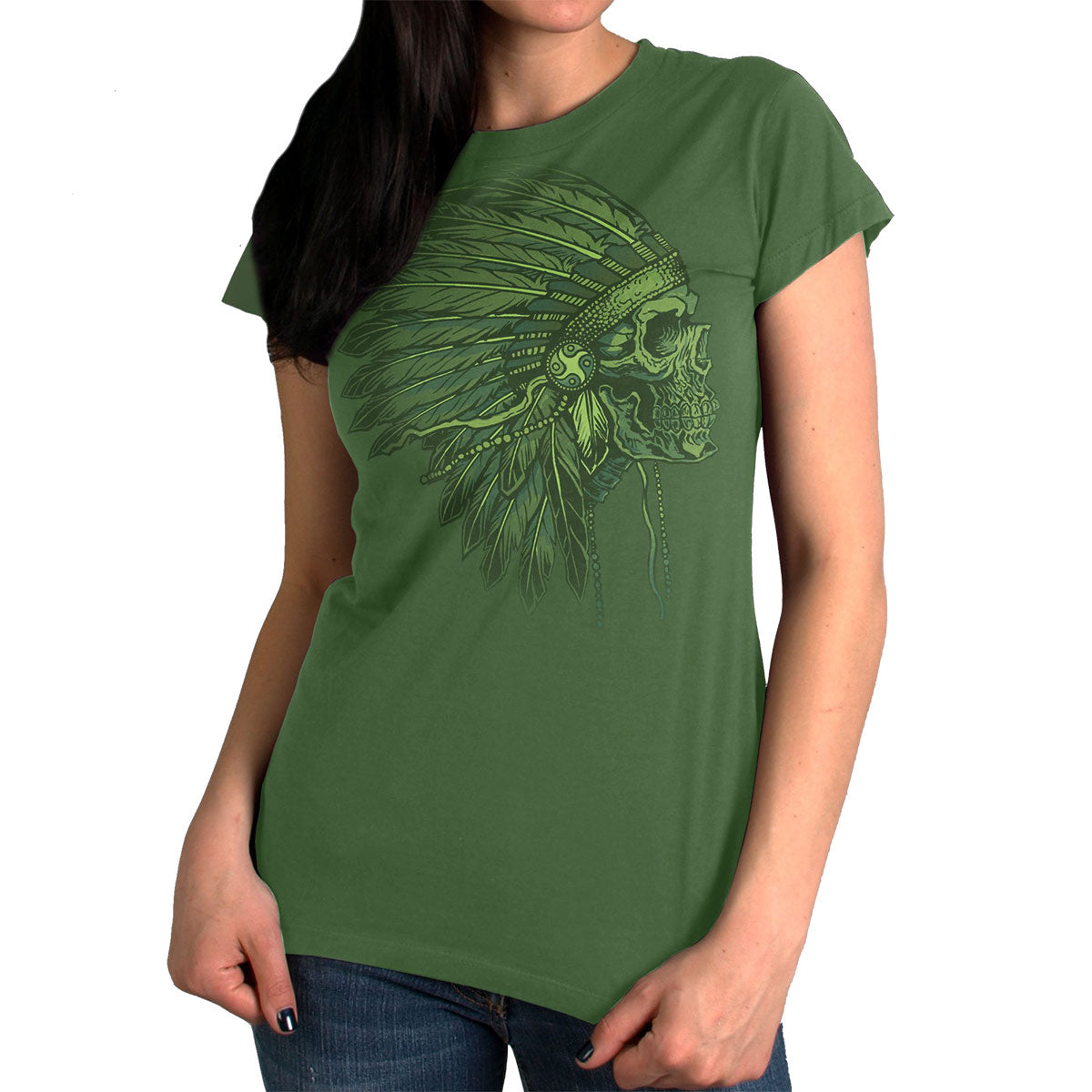 glc1543-m01-ashley.jpg Hot Leathers GLC1543 Native American Headdress Ladies T-Shirt - Image 1