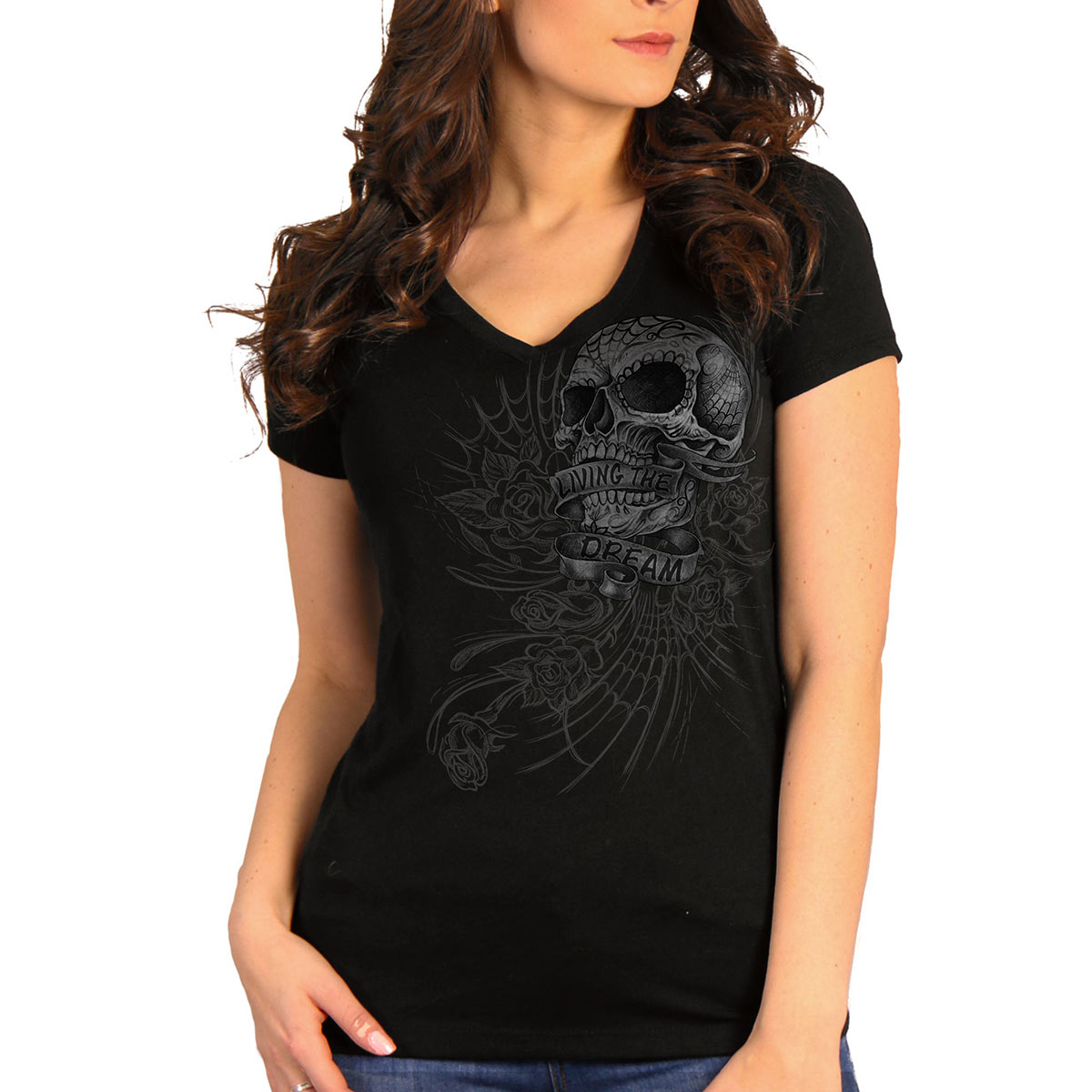 glc1565-m01-ranas-edit-a.jpg Hot Leathers GLC1565 Ladies Black Sweet Demise V-Neck Shirt - Image 1