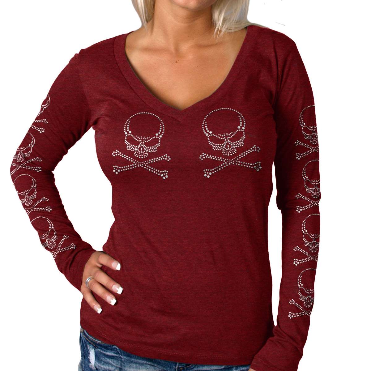 glc3542-m01_20_1200x1200_4a566063-605c-4013-8099-fdf572dc1243.jpg Hot Leathers Ladies Long Sleeve Studded Cross Bones Shirt GLC3542 - Image 1