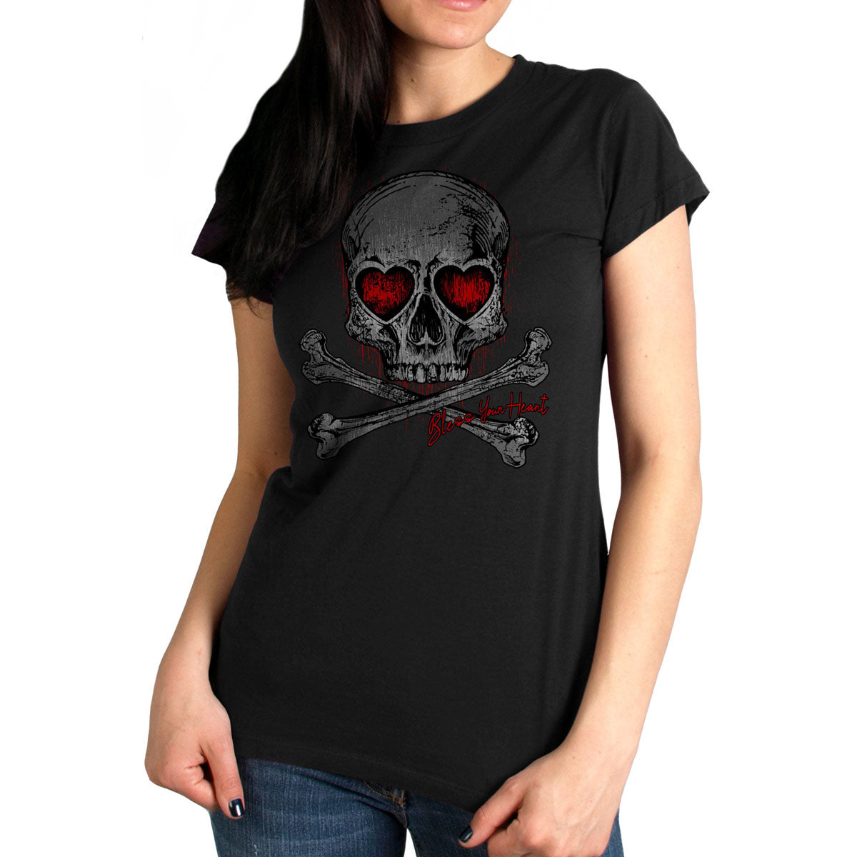 glr1555-m01-ashley-edit-a.jpg Hot Leathers GLR1555 Ladies Black Heart Eyes Skull T-Shirt - Image 1