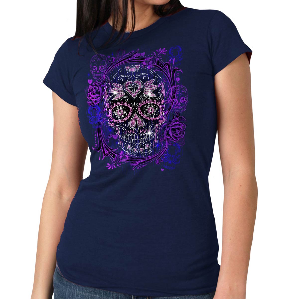 glr1563-m01-ashley-edit-a.jpg Hot Leathers GLR1563 Ladies Black Sugar Skull Bling T-Shirt - Image 1