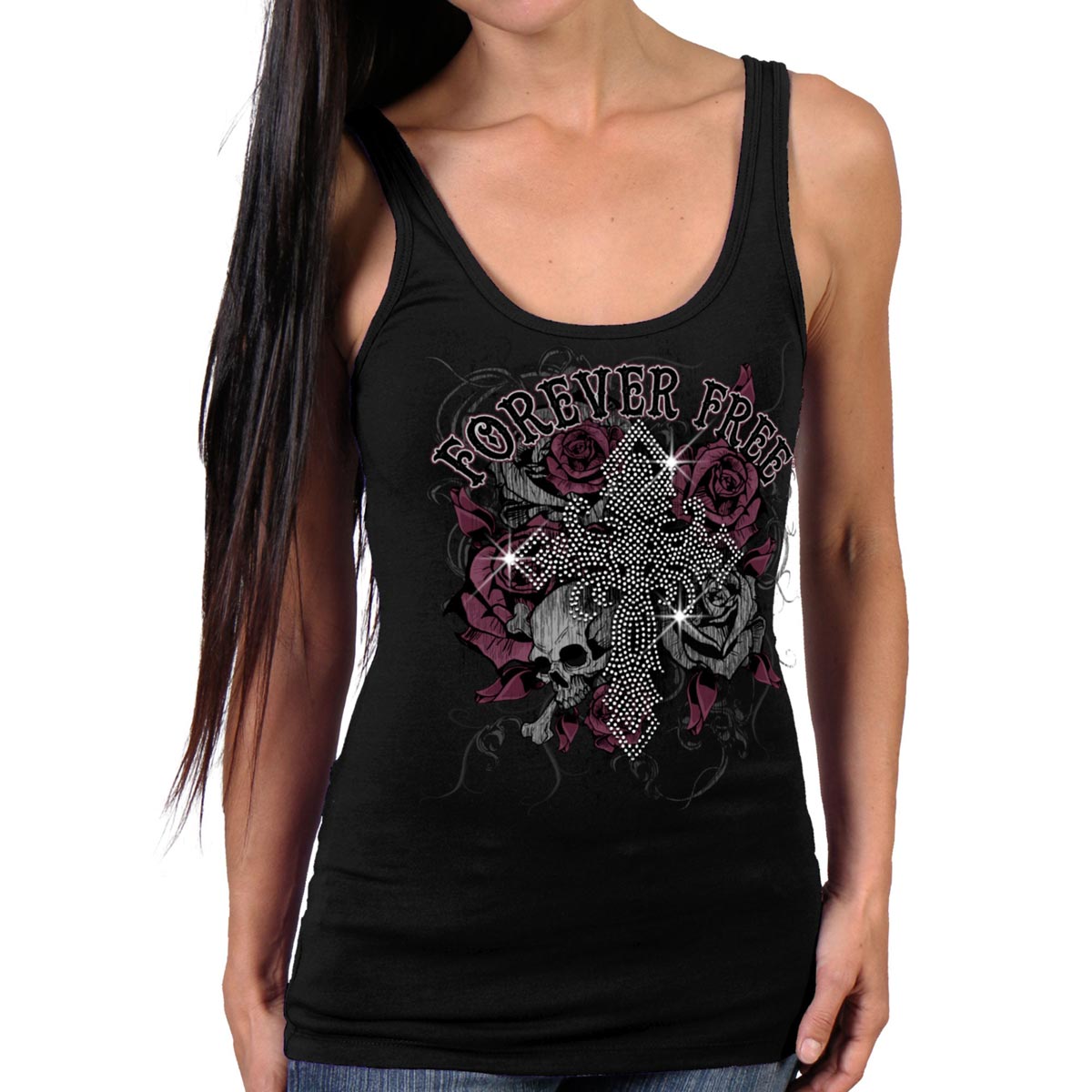 glr2556-m01-achap-edit-a.jpg Hot Leathers GLR2556 Ladies Black Cross Bling Tank Top Shirt - Image 1