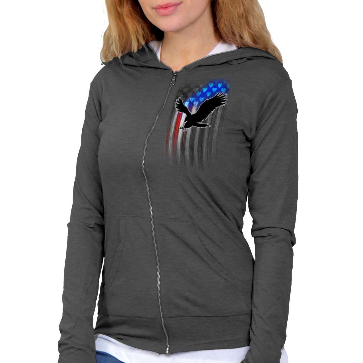 glz4571-m01-cmitz_20_1200x1200_6d68f93d-3761-4ac8-9f26-469ff3538e22.jpg Hot Leathers Ladies Gray Bling Eagle Hooded Sweatshirt GLZ4571 - Image 1