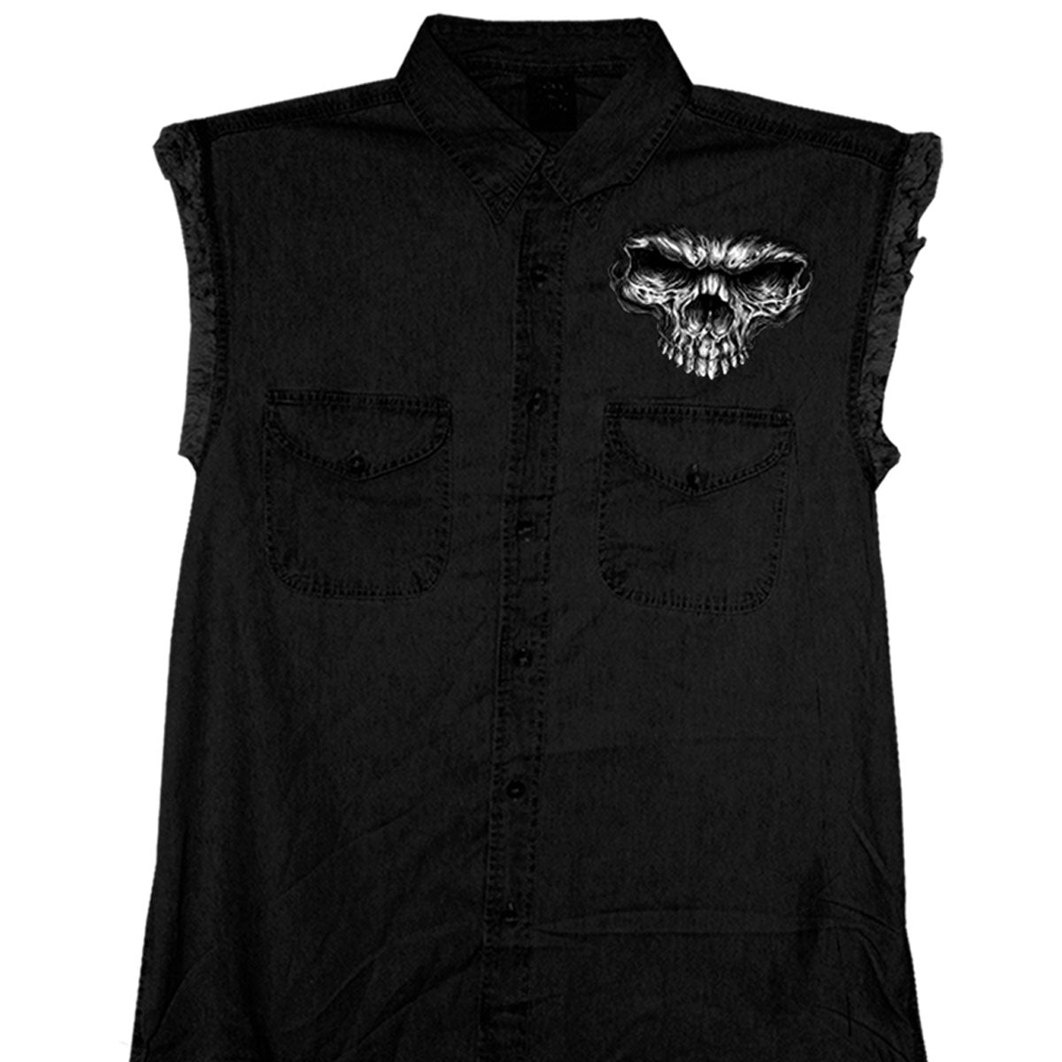 gmd5237-a01.jpg Hot Leathers GMD5237 Mens ‘Shredder Skull’ Black Sleeveless Denim Shirt - Image 1