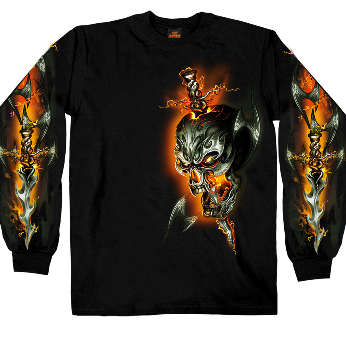 gms2068-a01.jpg Hot Leathers GMS2068 Men’s ‘Electric Skull’ Long Sleeve Black Shirt - Image 1