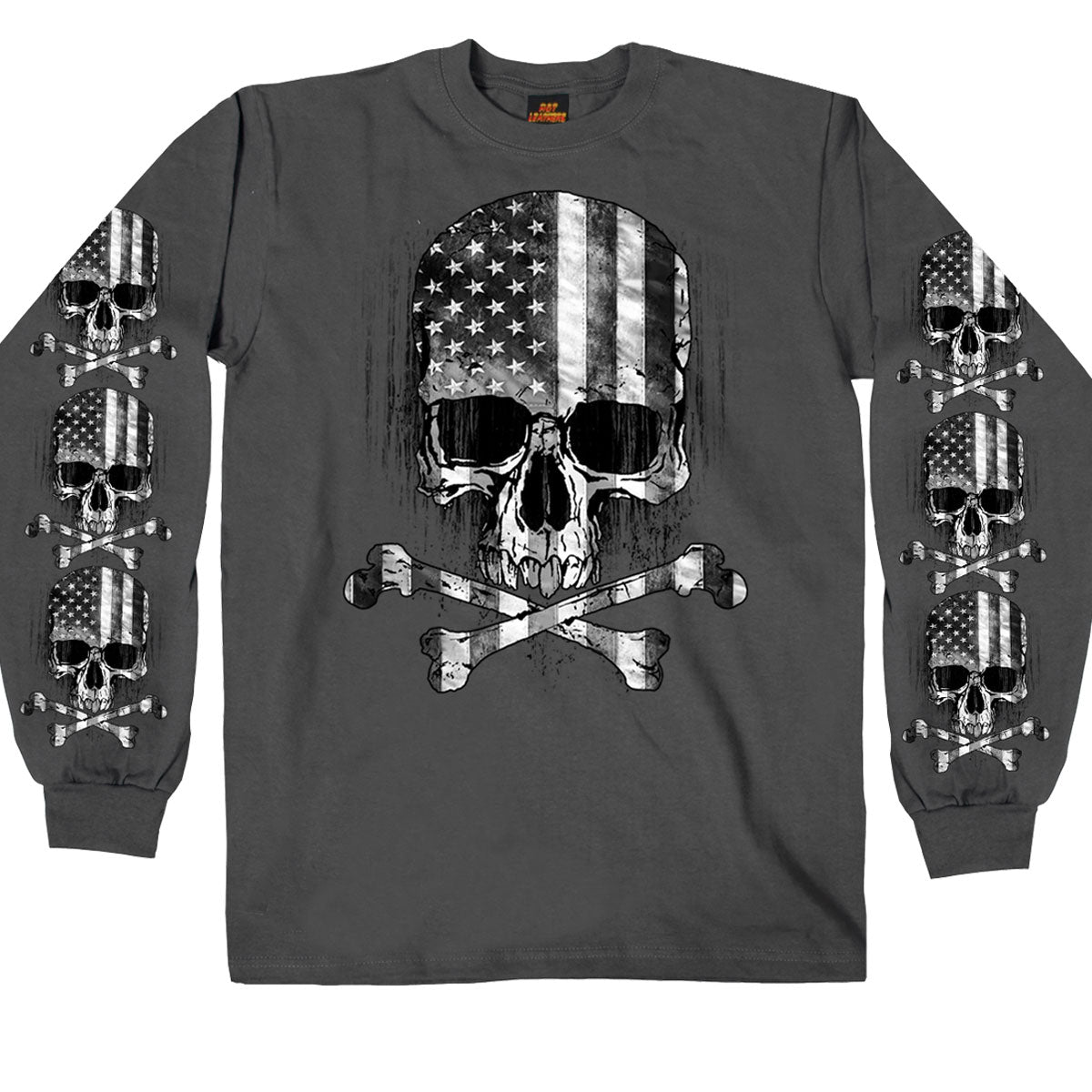 gms2391-a01.jpg Hot Leathers GMS2391 Men’s ‘Flag Skull’ Long Sleeve Charcoal Shirt - Image 1