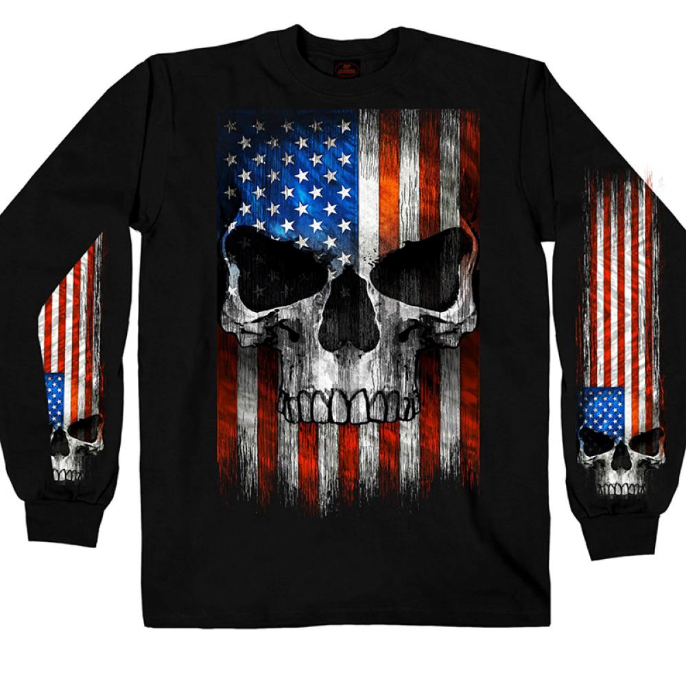 gms2483-a01_800.jpg Hot Leathers GMS2483 Men’s Long Sleeve Patriot Skull Black Shirt - Image 1