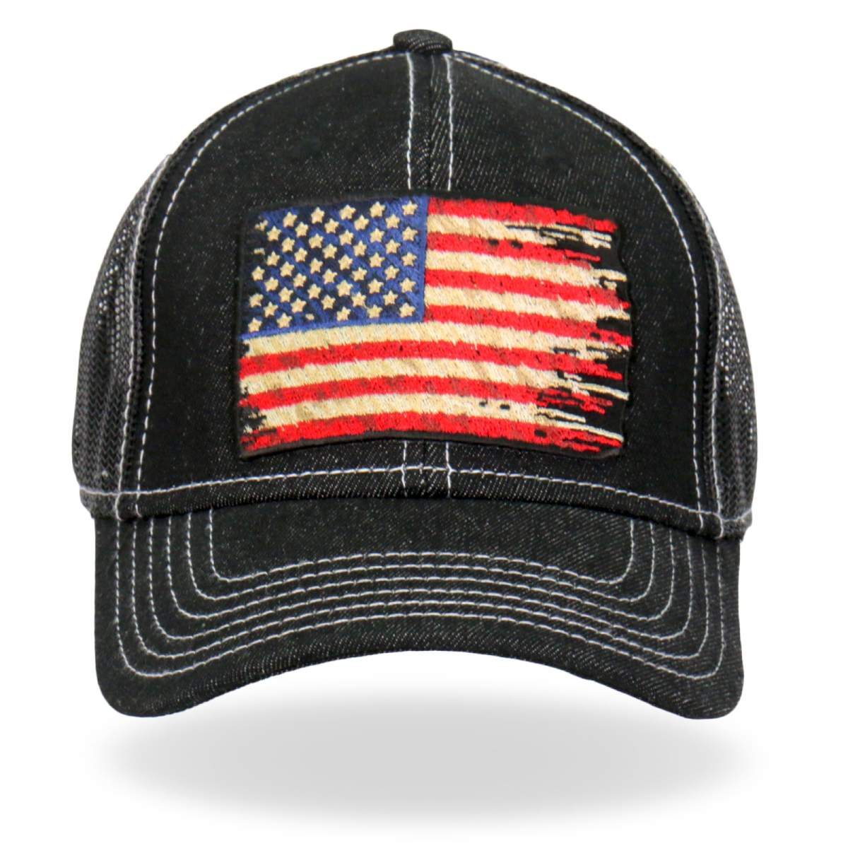 gsh1030-a01.jpg Hot Leathers GSH1030 Denim Tattered Flag Trucker Hat - Image 1
