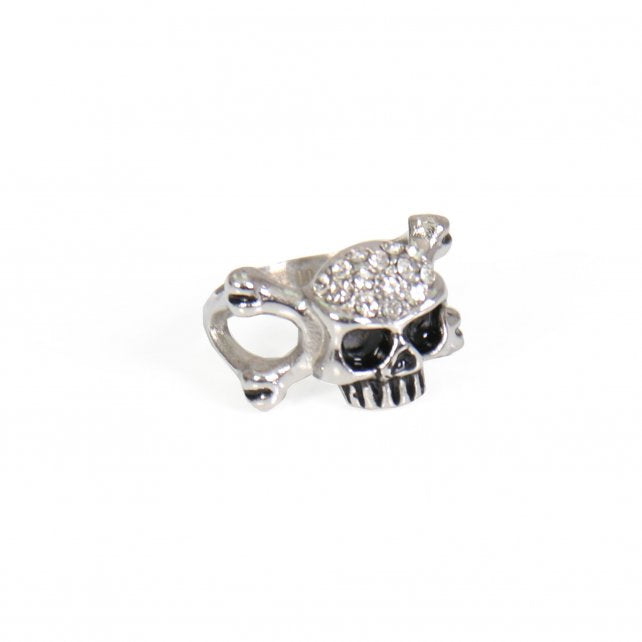 jwr1103-a01.jpg Hot Leathers JWR1103 Rhinestone Skull and Bones Stainless Steel Ring - Image 1