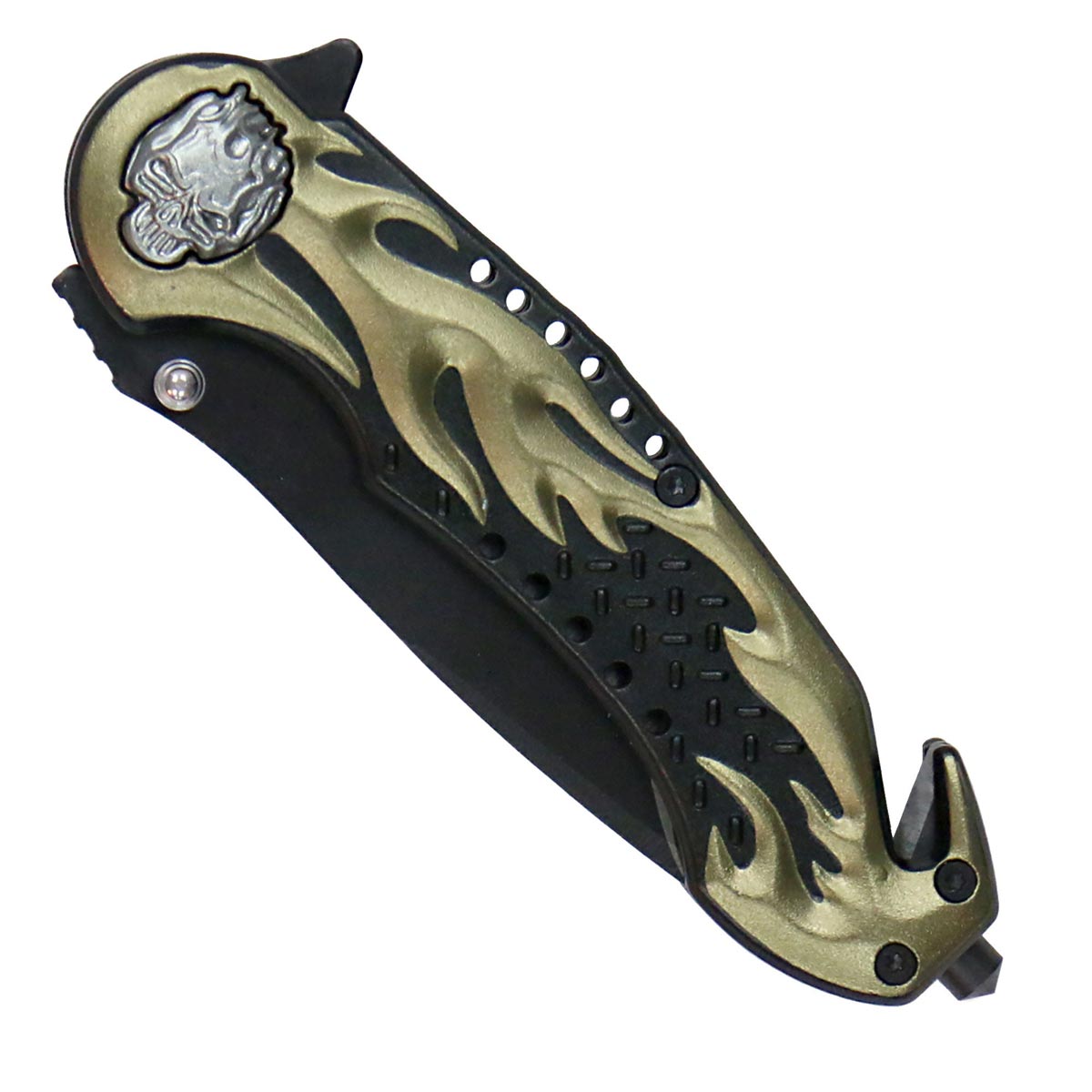 kna1134-a01-edit-a.jpg Hot Leathers KNA1134 Gold Flaming Skull 3.5 Folding Knife - Image 1