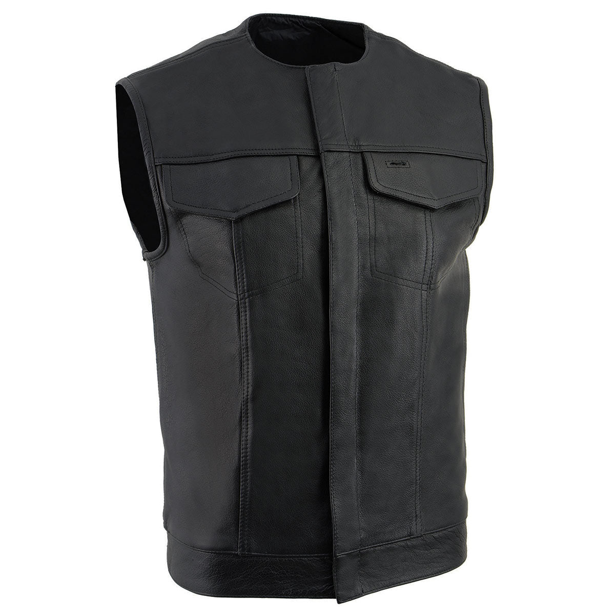 lkm3721-edit-a.jpg Z1R3721 Men’s ‘338’ Black Collarless Motorcycle Leather Vest - Image 1