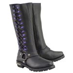 Milwaukee Leather Women’s Black 14-inch Leather Harness Motorcycle Boots with Purple Accent Lacing MBL9366