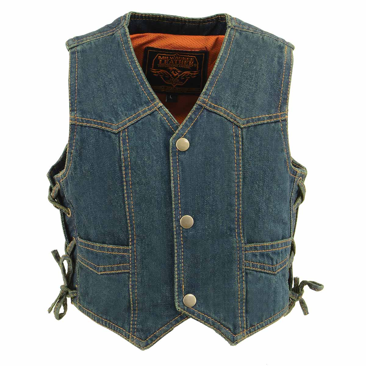 mdk3900-blu.jpg Milwaukee Leather MDK3900 Kids Classic Blue Denim Side Lace Vest - Image 1
