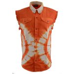Biker Clothing Co. MDM11680 Men’s Classic Orange and White Tie-Dye Button-Down Frayed Sleeveless Cut Off Shirt