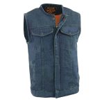Milwaukee Leather MDM3001 Men’s ‘Covert’ Blue Denim Collarless Club Style Motorcycle Biker Vest w/ Dual Closure