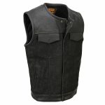 Milwaukee Leather MDM3008 Men’s ‘Brute’ Black Perforated Leather and Denim Club Style Vest w/ Hidden Dual Closure