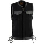 Milwaukee Leather MDM3011 Men’s Black ‘Hidden Zipper’ Side Lace Motorcycle Rider Denim Vest w/ Leather Trim