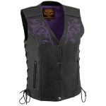 Milwaukee Leather ML1296 Women’s Black/Purple Leather Side Laced Motorcycle Vest w/ Reflective Tribal