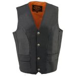 Milwaukee Leather ML1368 Men’s Black Premium Leather V-Neck Motorcycle Rider Vest w/ Buffalo Nickel Snaps Closure