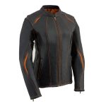 Milwaukee Leather MLL2502 Women’s ‘Laser Cut’ Distressed Black and Orange Scuba Style Racer Jacket