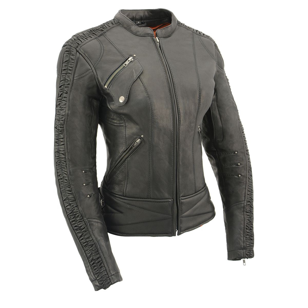 mll2571blk-2021.jpg Milwaukee Leather MLL2571 Women’s Black ‘Crinkled Arm’ Lightweight Racer Jacket - Image 1