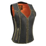 Milwaukee Leather MLL4527 Women’s Stretch Side Panel Distress Brown Leather Motorcycle Rider Vest w/ Lacing Detail