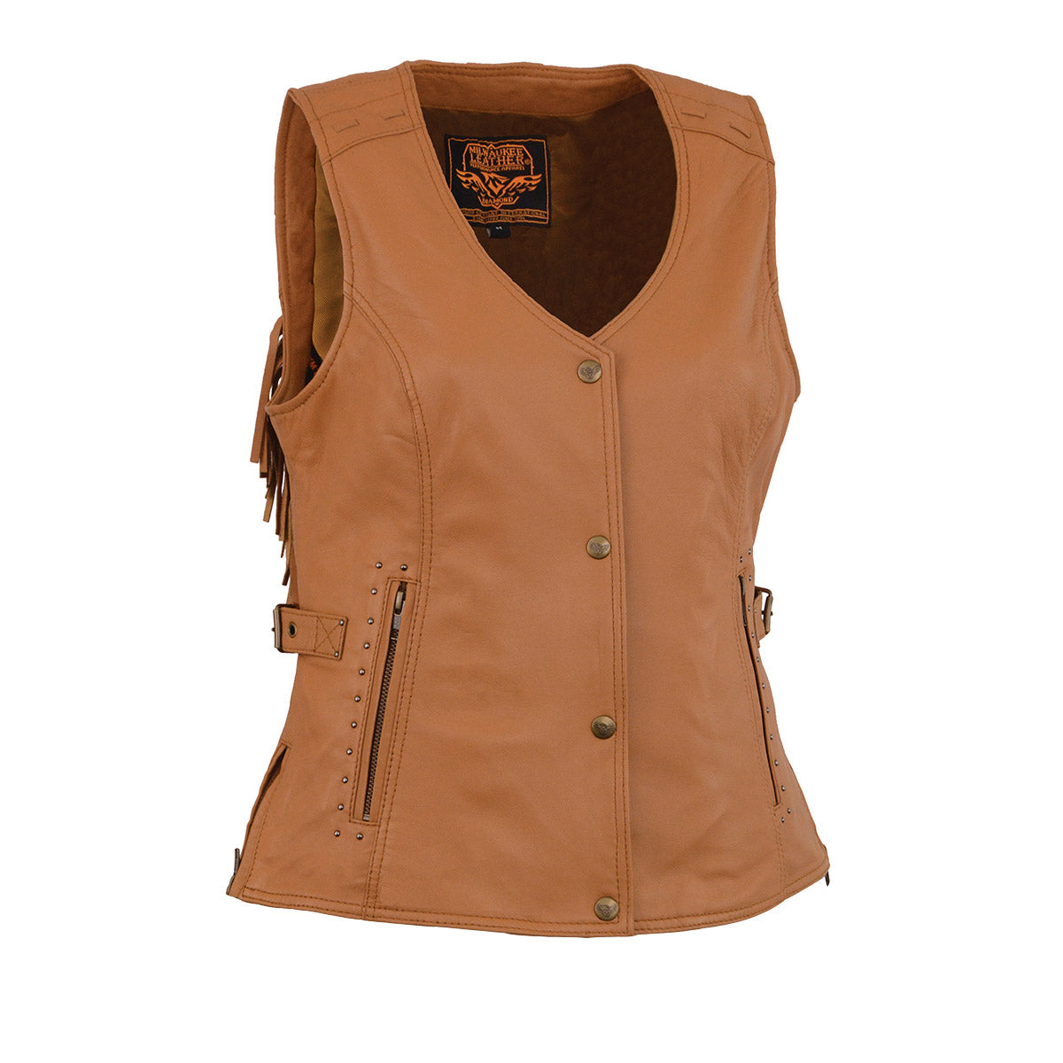 mll4566-edit-a.jpg Milwaukee Leather MLL4566 Ladies Fringed Leather Saddle Snap Front Vest - Image 1