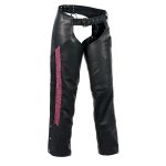 Milwaukee Leather Women’s Black and Fuchsia Leather Hip Set Chaps w/ Crinkled Leg Striping MLL6500