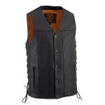 Milwaukee Leather MLM3520 Men’s Black Leather Vest – Classic V-Neck Straight Bottom Side Lace Motorcycle Rider Vest