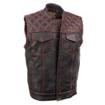 Milwaukee Leather MLM3526 Men’s Black ‘Paisley’ Accented Red Stitching Leather Vest – w/ Armhole Trim Open Collar Design