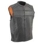 Milwaukee Leather MLM3560 Men’s Black Leather Vest – Reflective Piping Elasticized Waist Open Neck Motorcycle Vest