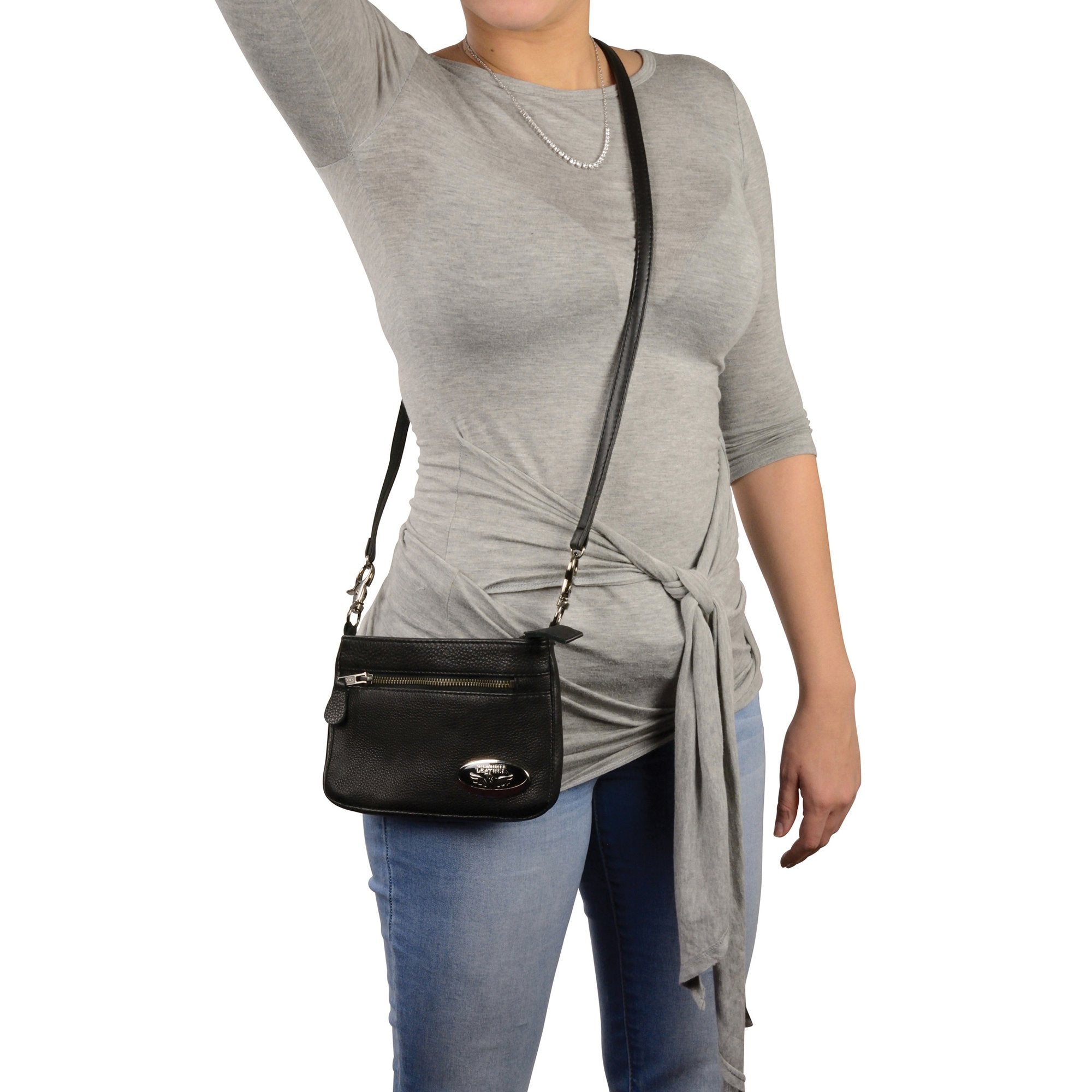 mp8815-h.jpg Milwaukee Leather MP8815 Ladies Black Double Zipper Leather Shoulder Bag - Image 1