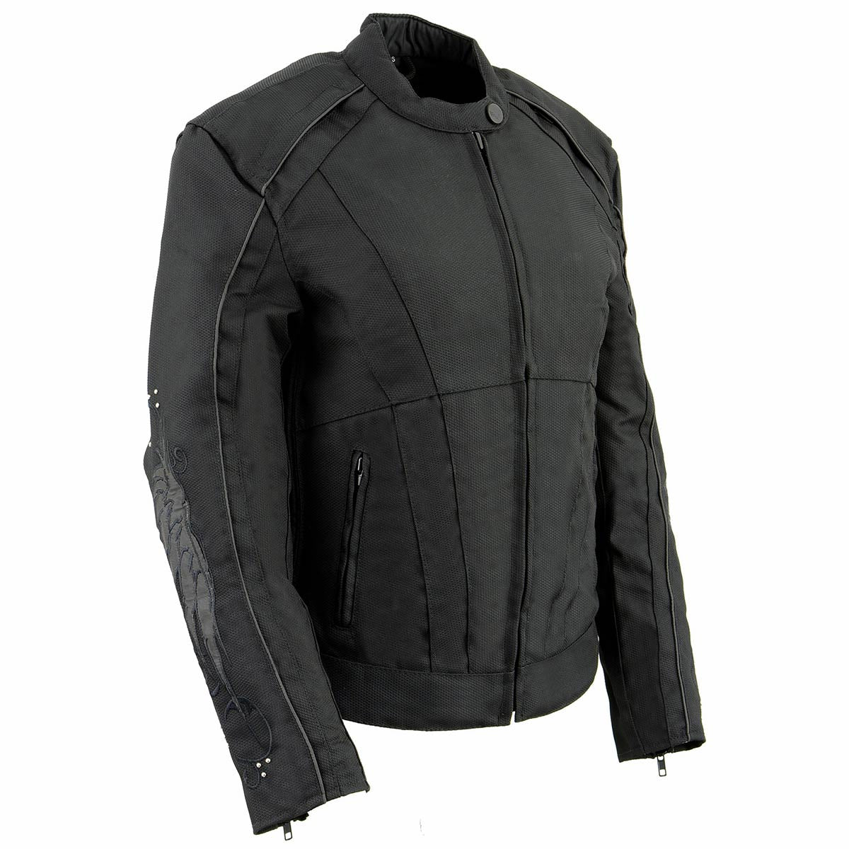 mpl1954-00-edit-a_6ae64152-49e2-4334-a6ba-33f926110813.jpg Milwaukee Leather MPL1954 Women’s ‘Studded Wings’ Black Textile Moto Jacket - Image 1
