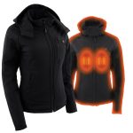 NexGen NXL2767SET Women’s ‘Ruffled’ Black Heated Soft Shell Hooded Jacket (Rechargeable Battery Pack Included)