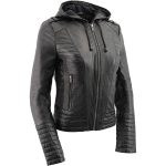 M-Boss Apparel BOS3554 Women’s Black Premium Leather Fashion Biker Style Jacket w/ Hoodie