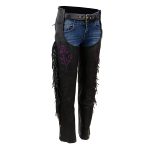 Milwaukee Leather SH1116 Women’s Classic Braided & Fringed Black Leather Motorcycle Chaps w/ Purple Rose Embroidery
