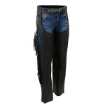 Milwaukee Leather SH1116 Women’s Classic Braided & Fringed Black Leather Motorcycle Chaps w/ Turq Rose Embroidery