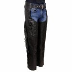 Milwaukee Leather SH1116 Women’s Classic Braided & Fringed Black Leather Motorcycle Chaps w/ Black Rose Embroidery