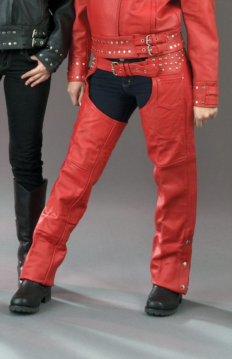 sh1163-red-edit-a.jpg Milwaukee Leather SH1163 Women’s ‘Studded’ Red Classic Leather Chaps - Image 1
