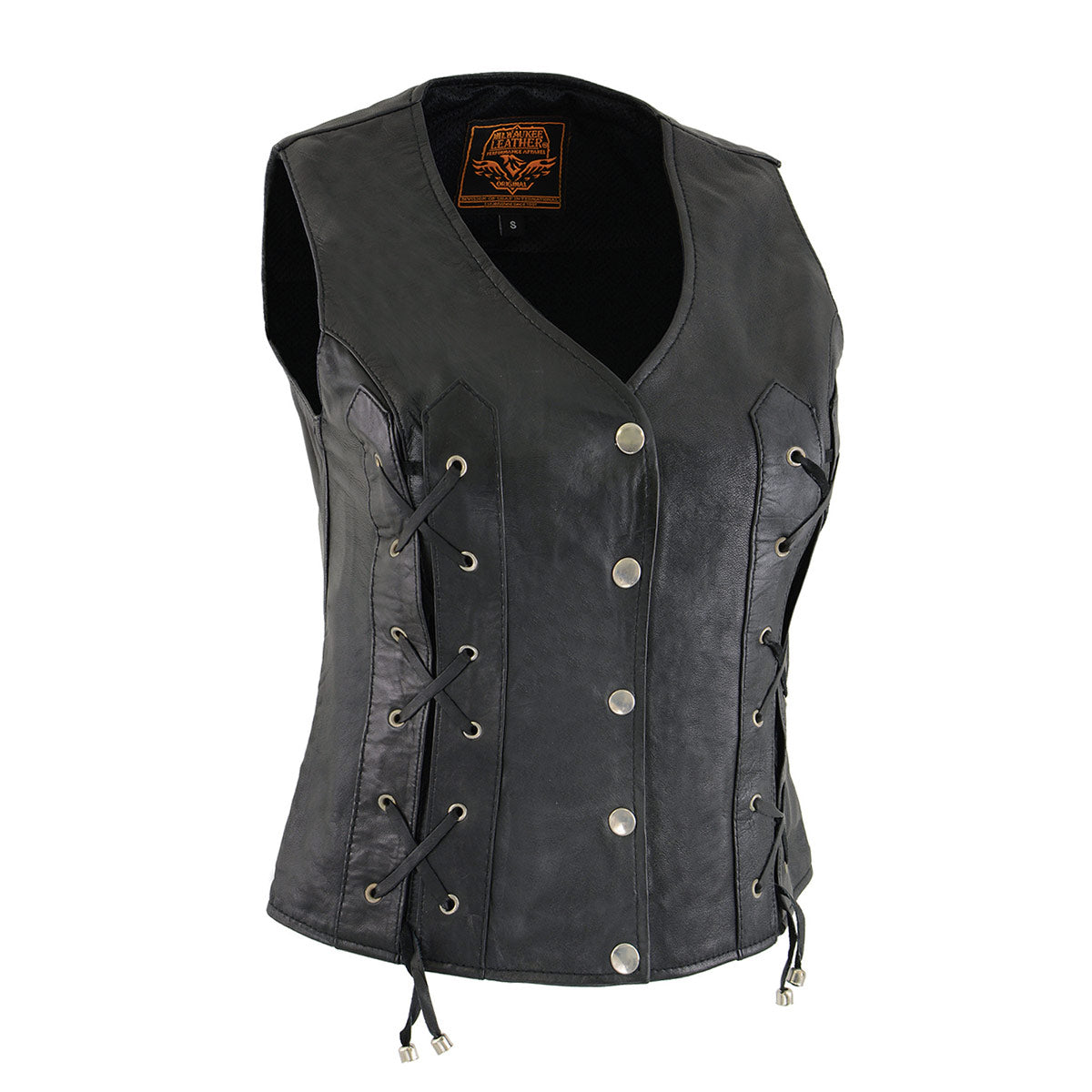 sh1216-edit-a.jpg Milwaukee Leather SH1216 Ladies Black Leather Vest with Front Laces - Image 1